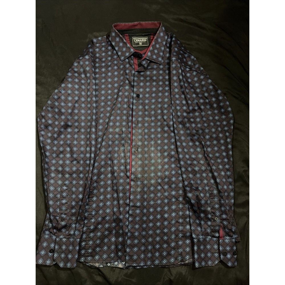 Lamasini Jeans Mens XL Long Sleeve Button Down Shirt Geometric Diamond Blue Red